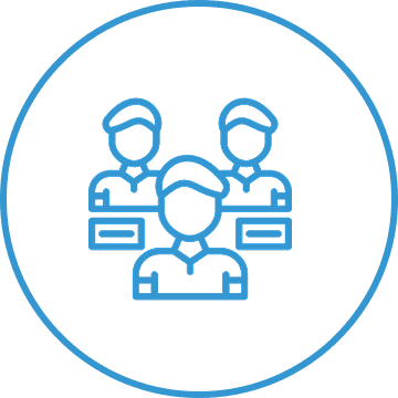 Three people icon in blue outline circle.