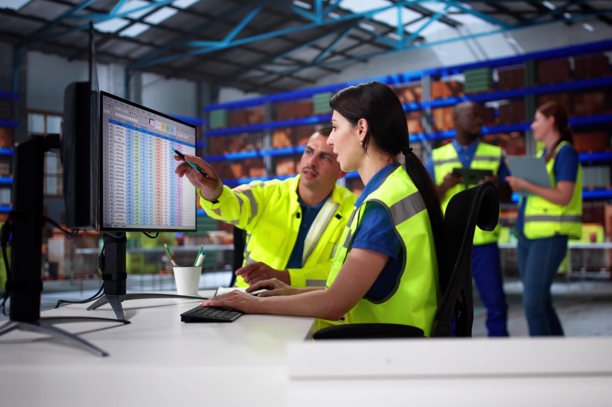 Warehouse team analyzing data on computer.